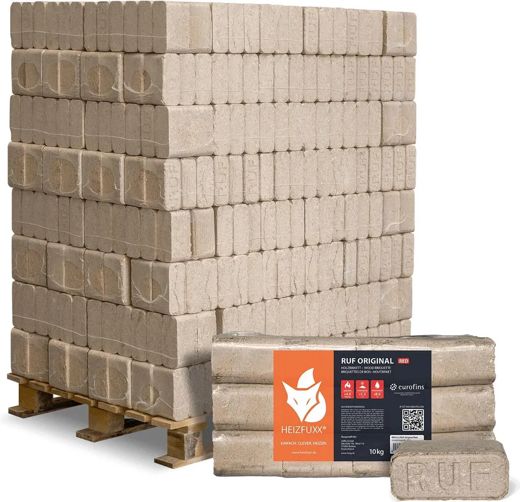 b1-11.webp Heizfuxx RUF Original Red Holzbriketts Hartholz 10kg x 96 Gebinde 960kg Palette – Bild 1